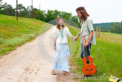 Couple Hitchhiker Happy Hippie In Love With Guitar On The Road