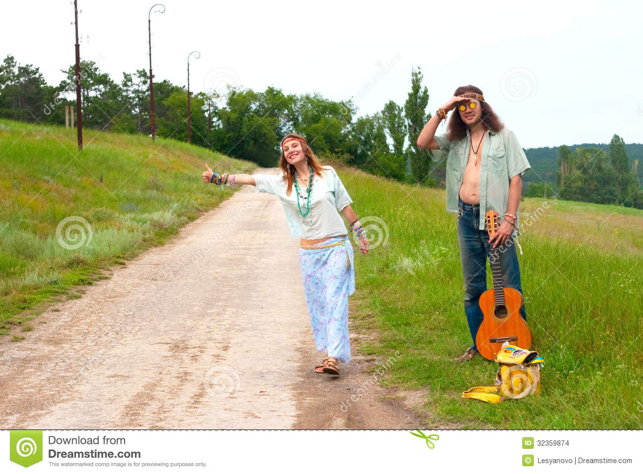 Couple Hitchhiker Hippie On The Road Stock Images   Image  32359874