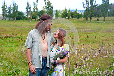 Stock Photography  Couple Hippie In Love With Flowers