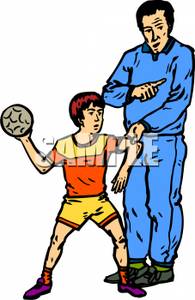 Teaching A Boy To Throw A Soccer Ball   Royalty Free Clipart Picture