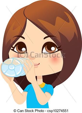 Clipart Vector Of Girl Drinking Water   Cute Little Brunette Girl