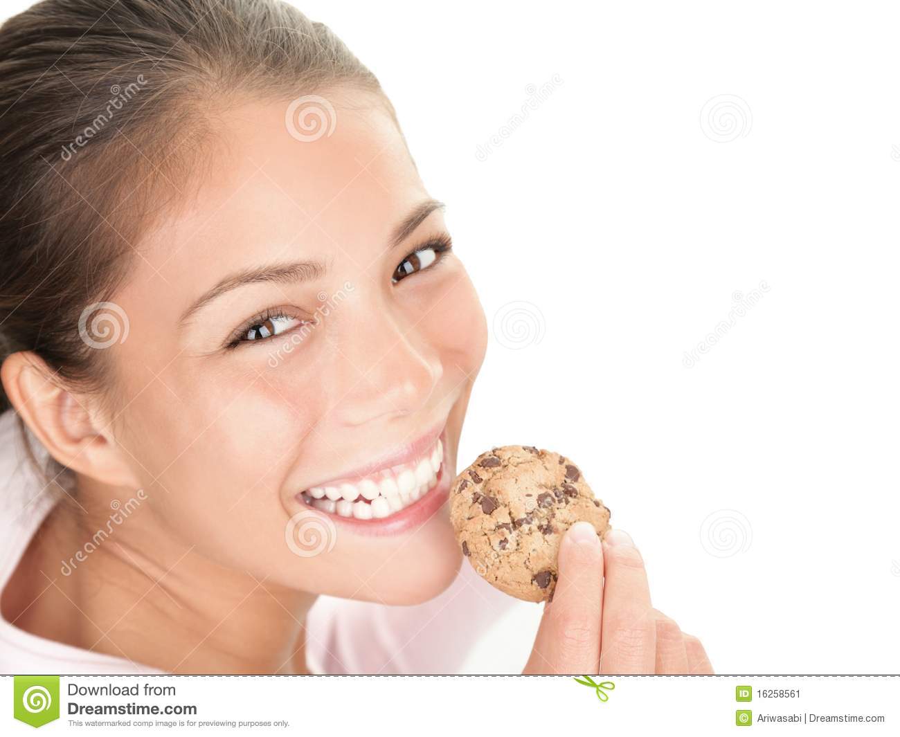 Cookie Woman Eating Chocolate Chip Cookies On White Background  Cute