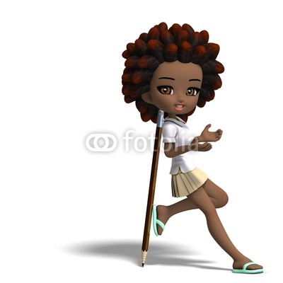 Illustration  Cute Little Cartoon School Girl With Curly Hair  3d