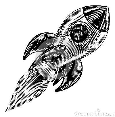 Illustration Of A Vintage Style Rocketship Flying Through The Air
