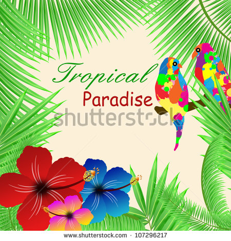 Tropical Paradise Background With Plants Hibiscus Flowers And Parrots
