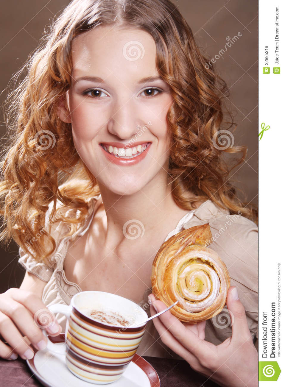 Woman Eating Cookie And Drinking Coffee  Cute Adorable Beautiful Young