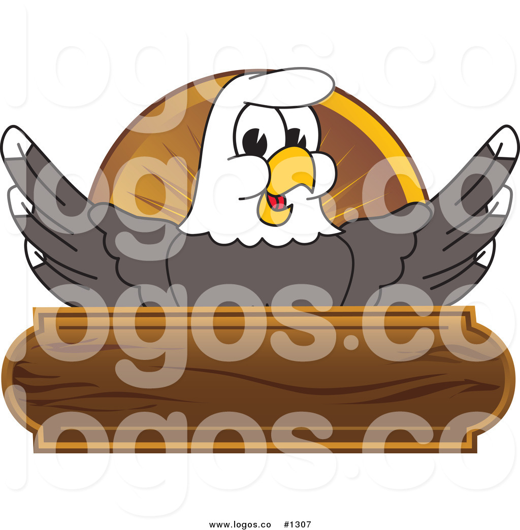 Cartoon Bald Eagle Mascot With Blank Wooden Banner Label Cartoon