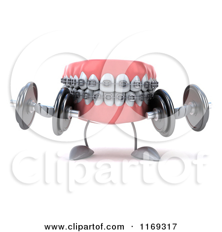Cartoon Of A 3d Metal Mouth Teeth Mascot With Braces Lifting A