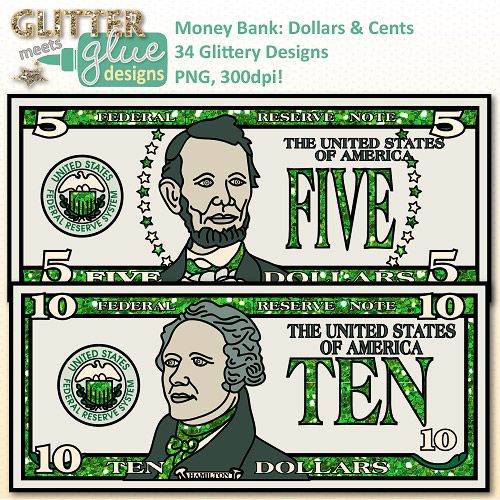 Money Bank  Dollars   Cents Clipart   Us Currency Dipped In Glitter