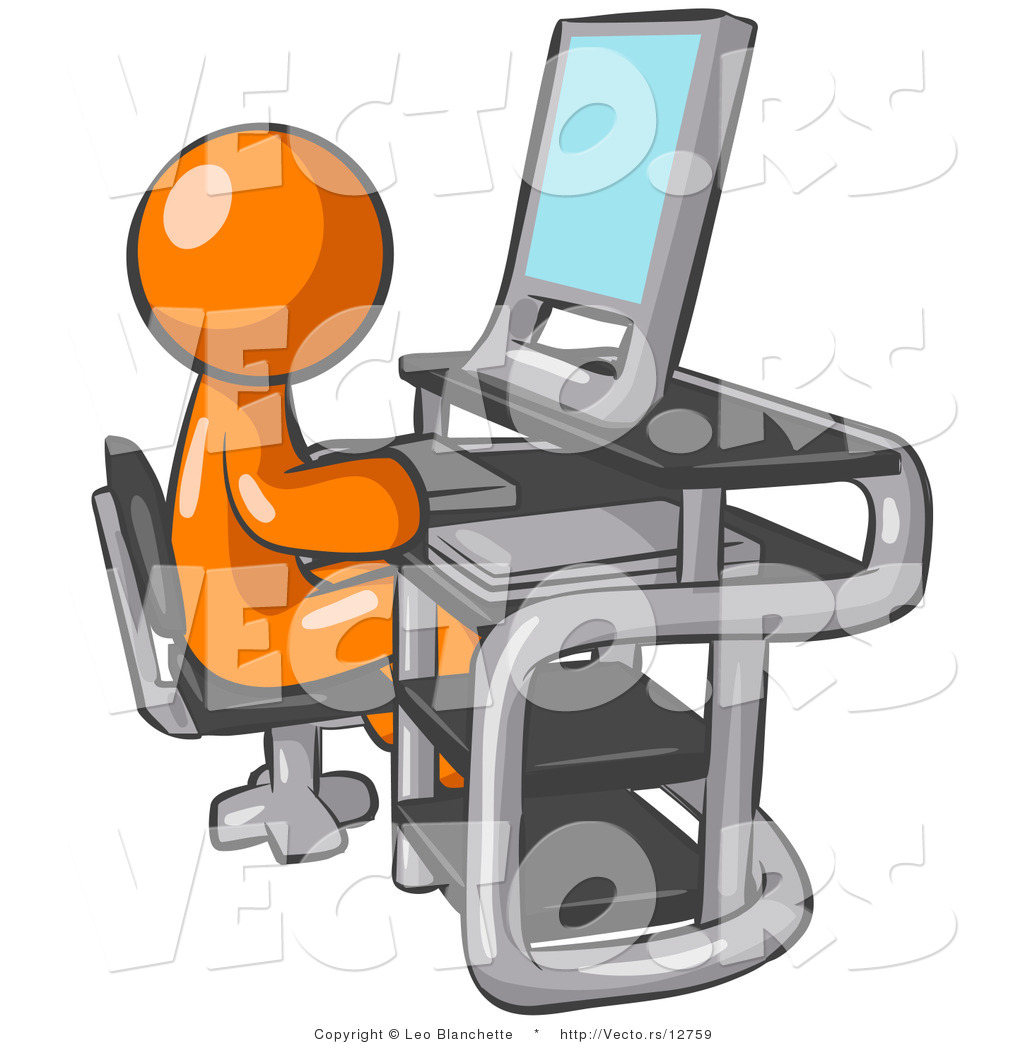 Orange Guy Sitting At A Desk In Front Of A Computer With A Scanner At