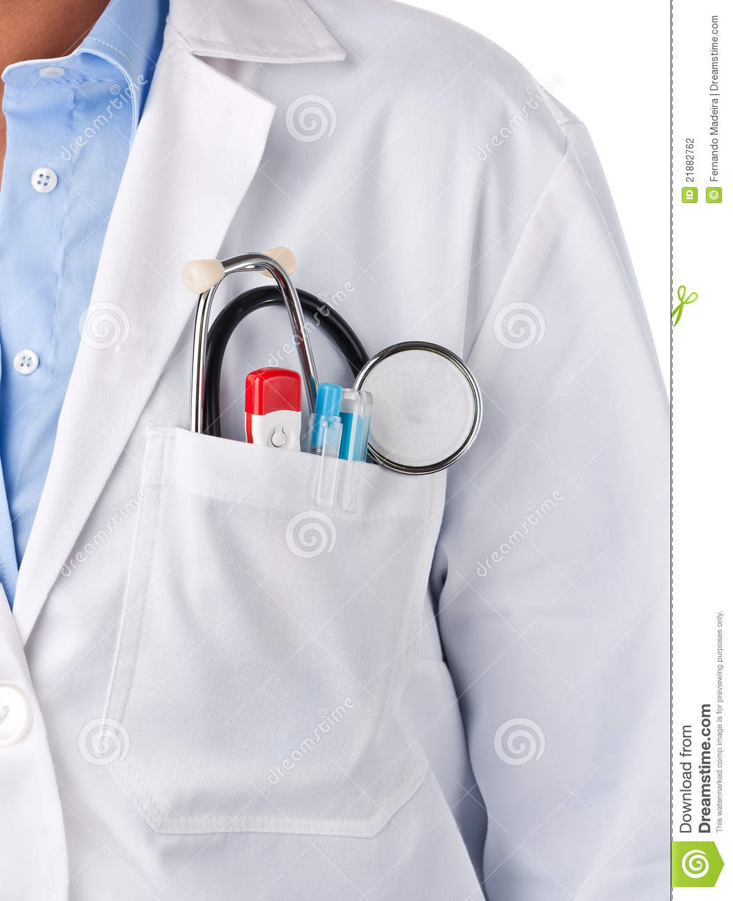 With Stethoscope Thermometer And Pens Inside Lab Coat Pocket