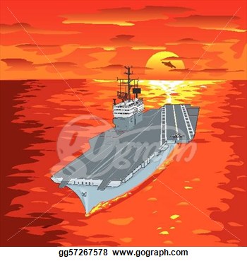 Aircraft Carrier Floating On Waves With Plane Flying Up   Clipart