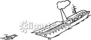 An Aircraft Carrier With A Plane Landing On It Royalty Free Clipart