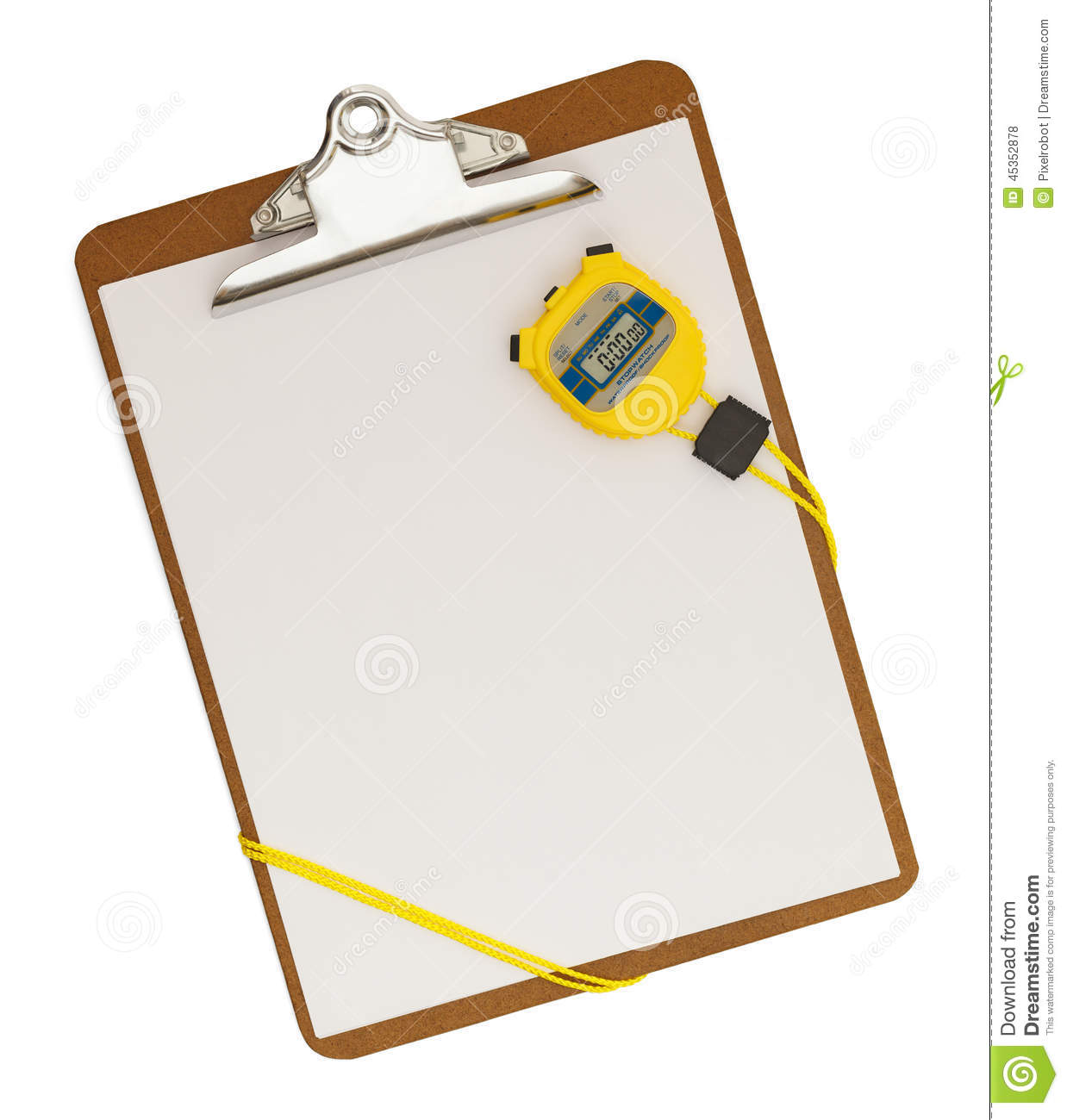 Blank Clipboard With Stop Watch On Isolated White Background 