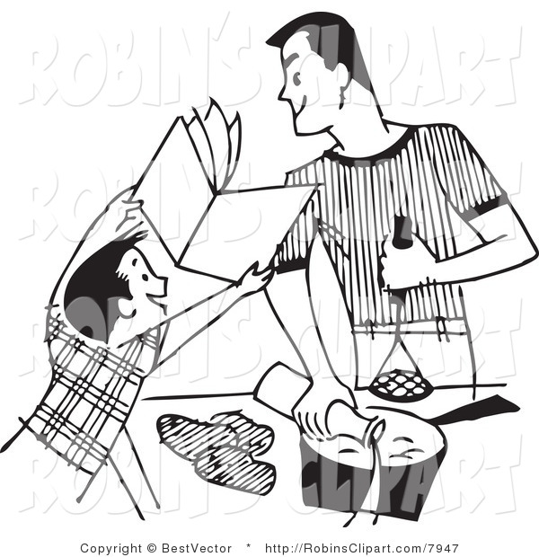 Clip Art Of A Retro Black And White Boy Showing A Recipe Book To His