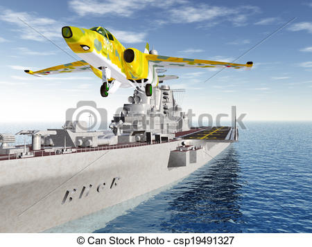 Clip Art Of Aircraft Carrier And Fighter Plane   Computer Generated 3d