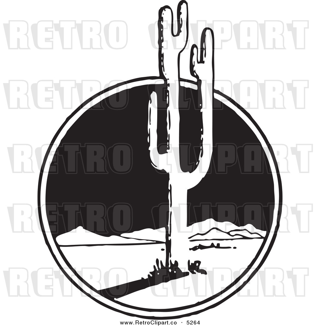     Clipart Of A Black And White Retro Mexican Desert Landscape And Cactus