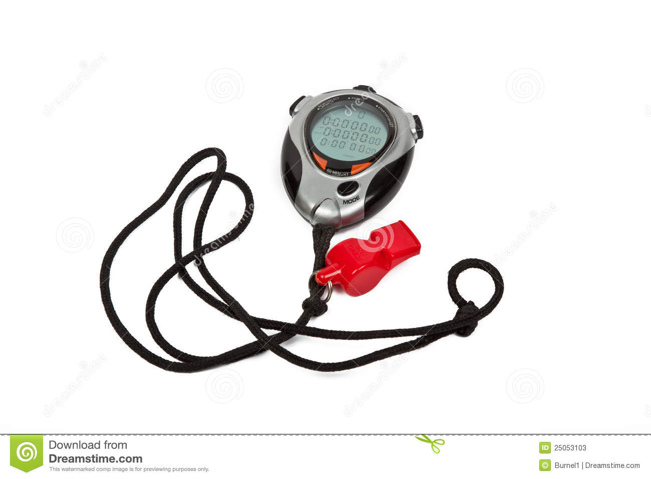 Digital Stop Watch And Red Whistle On White Background 