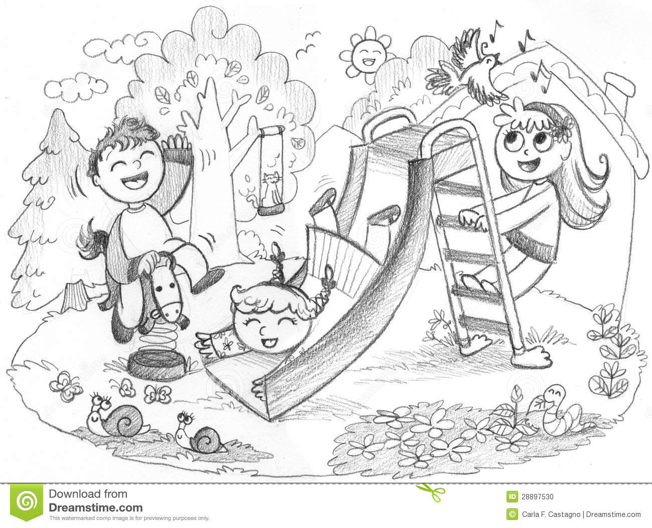 Happy Children Playing Together  Grey Pencil Hand Drawn Illustration