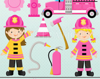 Pink Firefighter Girls Cute Digital Clipart For Invitations Card