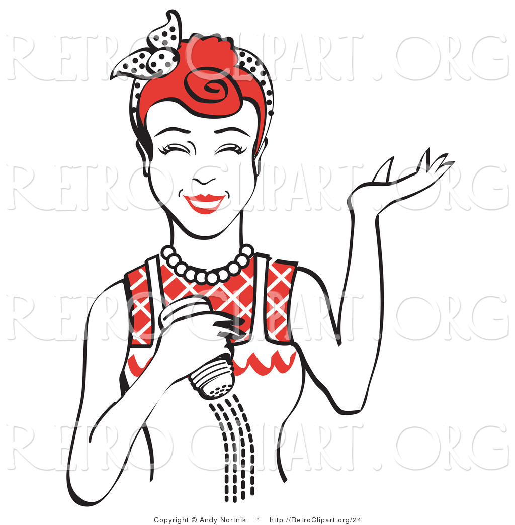 Retro Clipart Of A Happy Red Haired Woman Smiling And Using A Salt