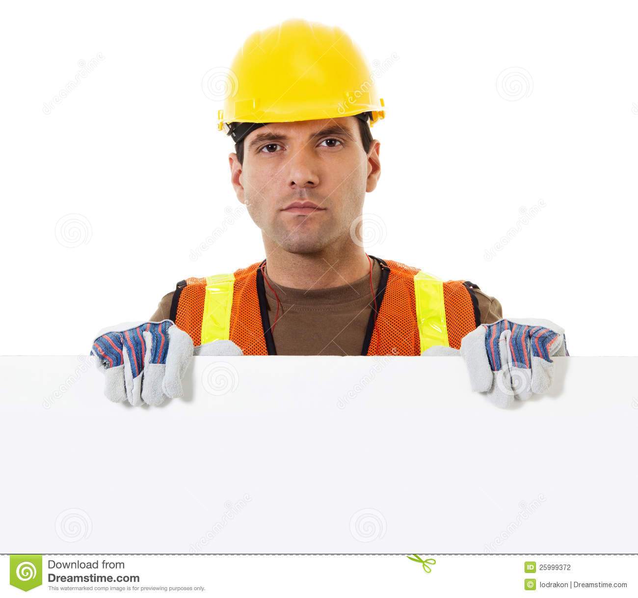 Stock Image Of Construction Worker Holding Blank Sign Withy Copy Space