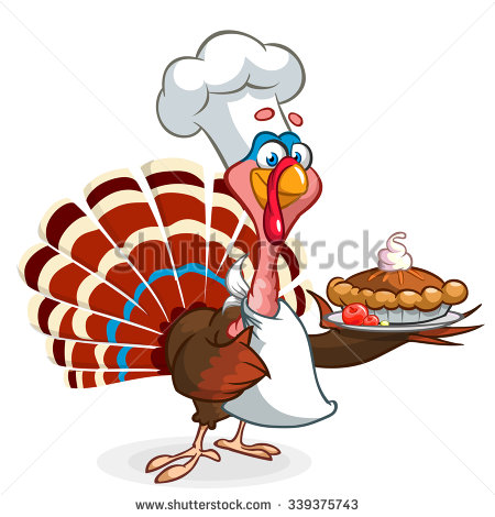 Thanksgiving Turkey Chief Cook Serving Pumpkin Pie  Vector Cartoon    