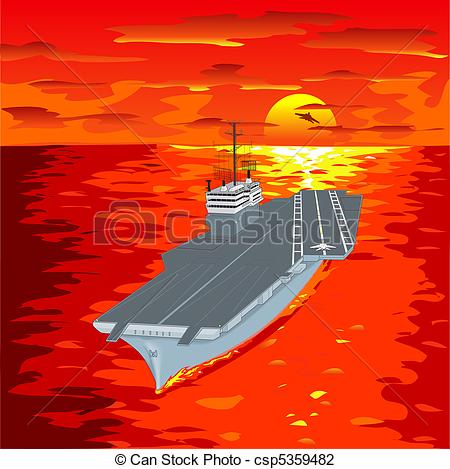 Vector Illustration Of Aircraft Carrier Floating On Waves With Plane