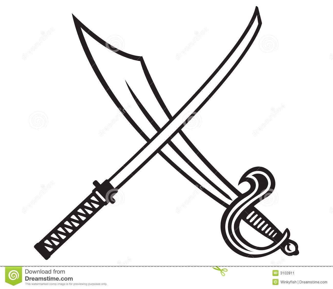 Black And White Drawing Of A Ninja Sword And A Pirate Sword Crossed