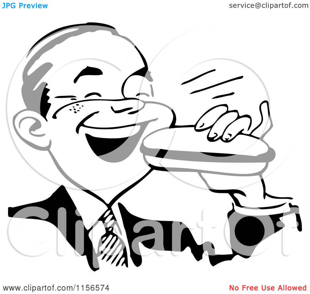 Clipart Of A Black And White Retro Man Eating A Sandwich   Royalty
