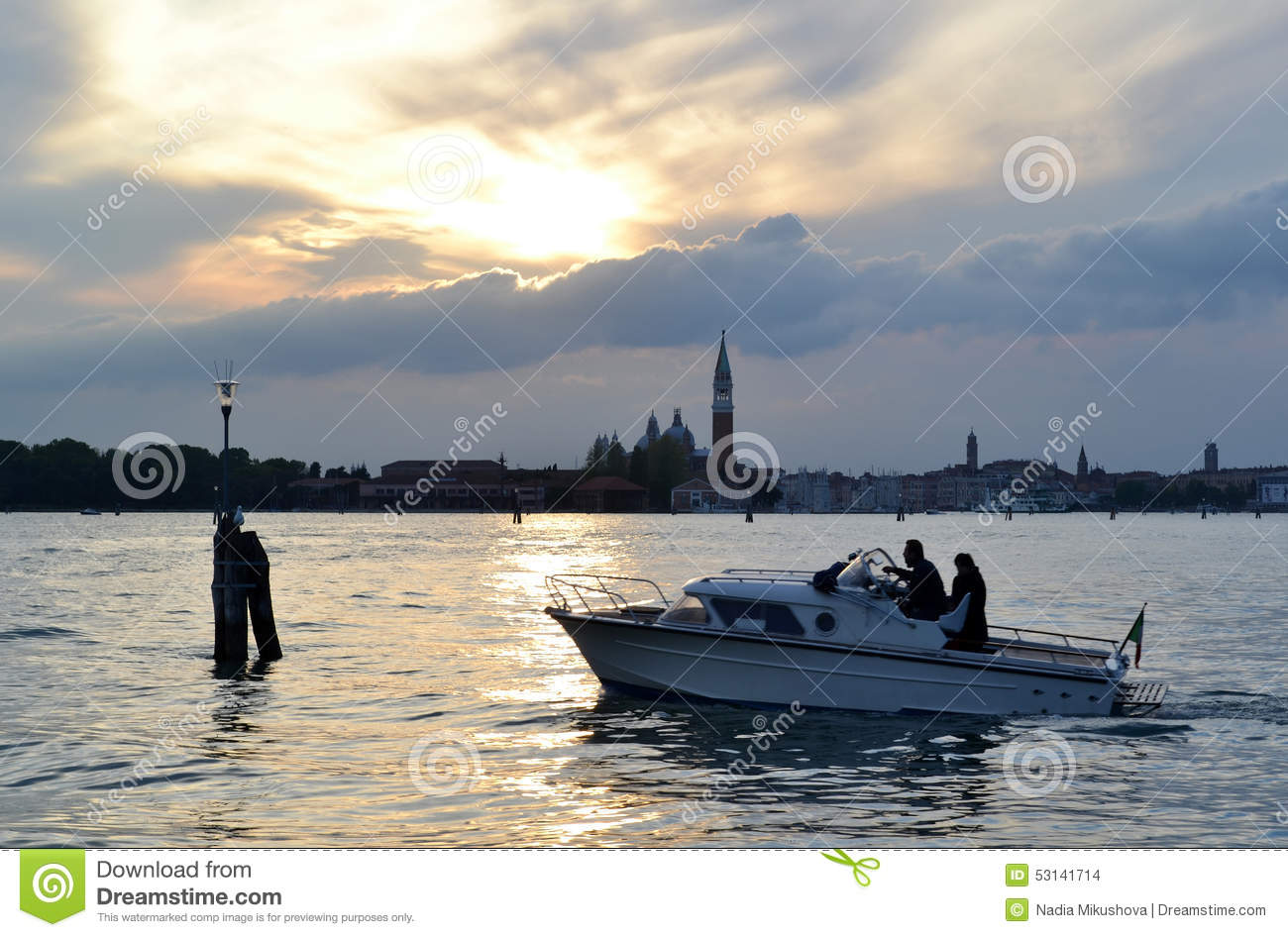 Motorboat Moving In Venice Lagoon At Sunset In Spring  Editorial Stock    