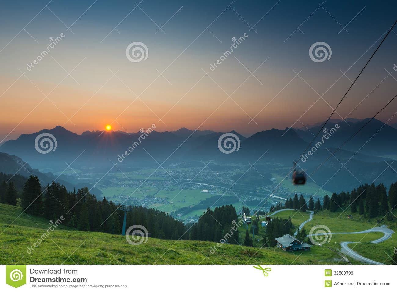 Moving Gondola Of Ropeway While Sunrise In Tyrol