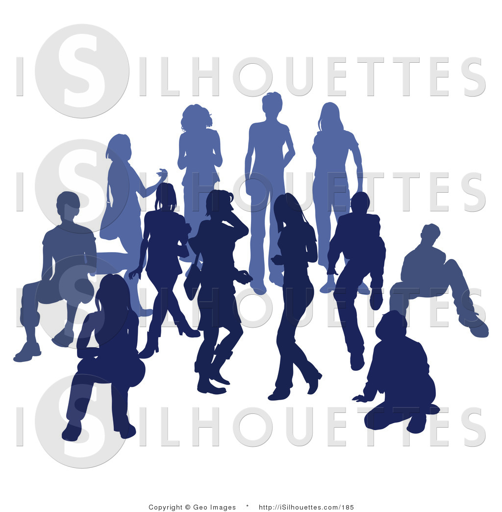 Silhouette Clipart Of A Blue Group Of Silhouetted People Standing In A