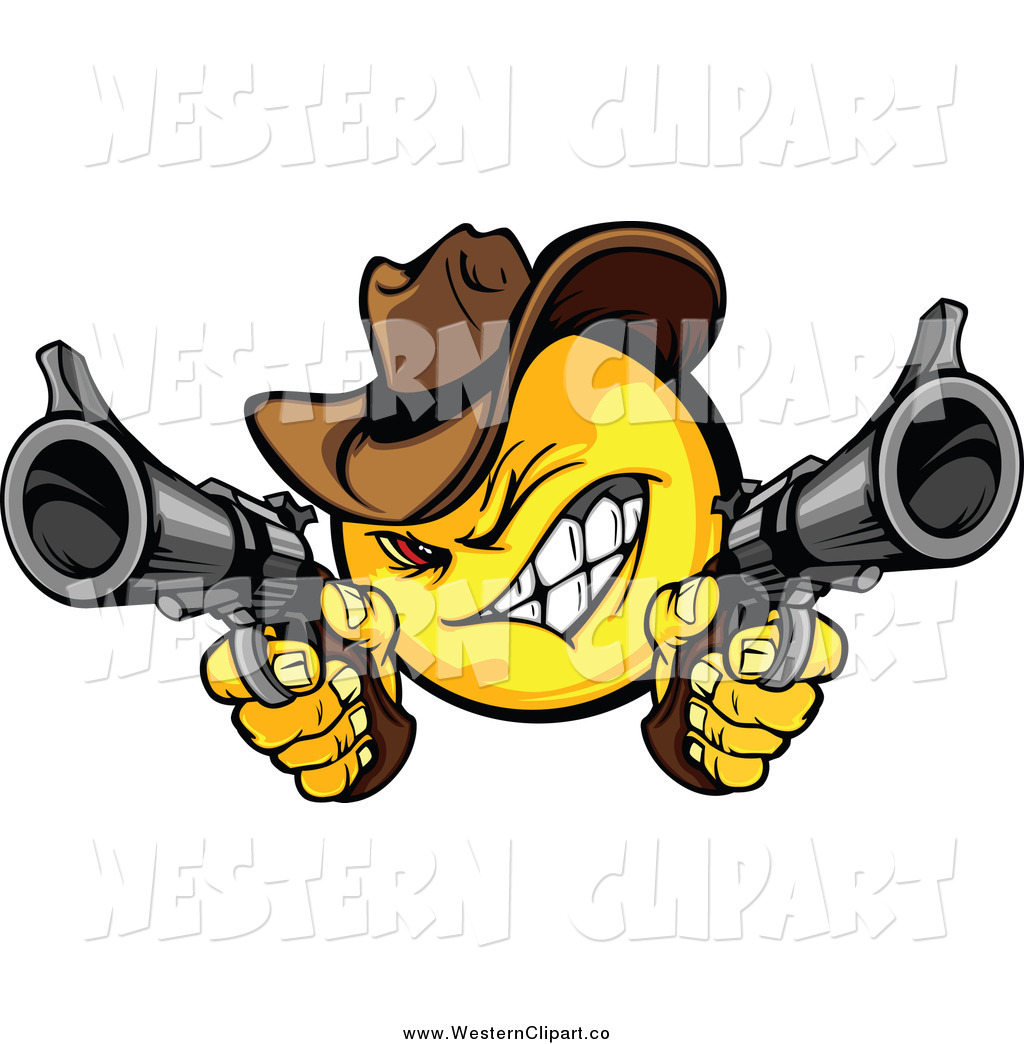 Vector Of A Western Cowboy Bandit Emoticon Shooting Pistols Clipart