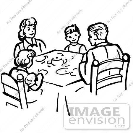 61865 Clipart Of A Family Eating Supper At A Table In Black And White