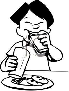 Black And White Cartoon Of An Asian Boy Eating Lunch At School