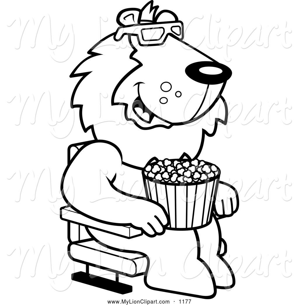 Clipart Of A Black And White Happy Lion Eating Popcorn And Watching A