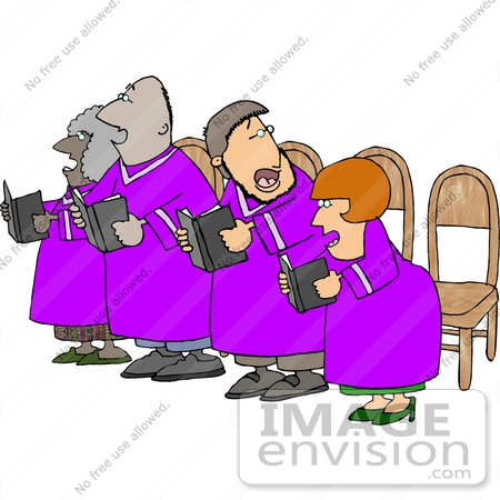 Clipart Of A Small Choir In Purple Robes Singing Hymns From Books In