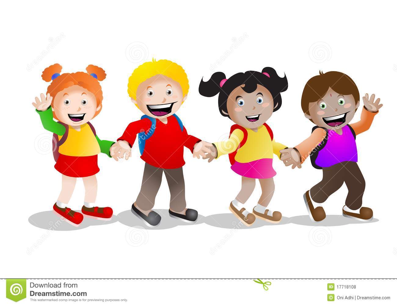 Four School Children Holding Hand Back To School Cartoon Illustration