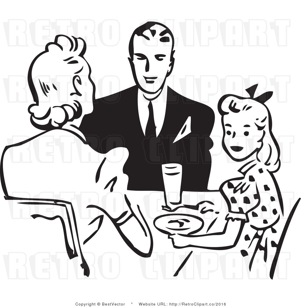 Royalty Free Black And White Retro Vector Clip Art Of A Family Eating