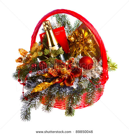 Christmas Gift Basket On White Background   Stock Photo