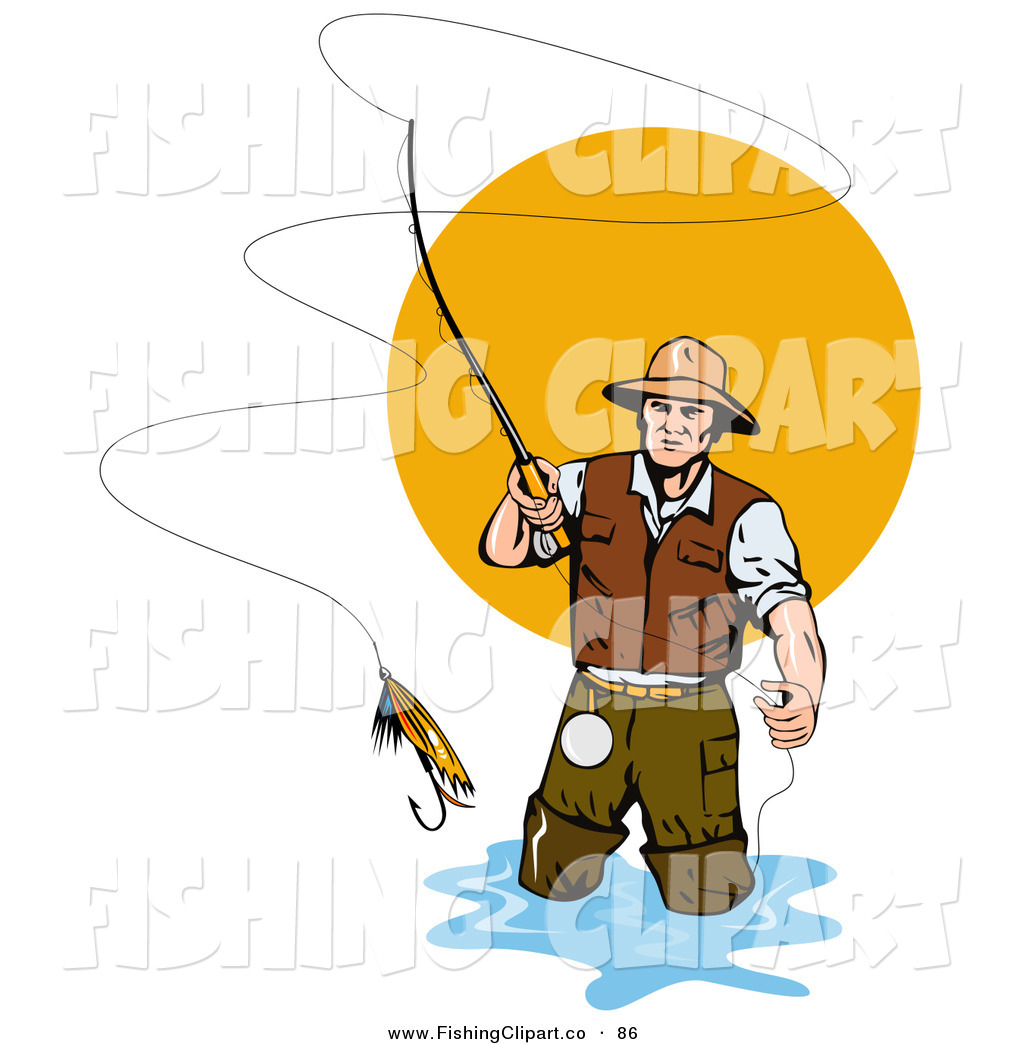 Clip Art Of A Fly Fisherman Casting The Bait Into The Water By