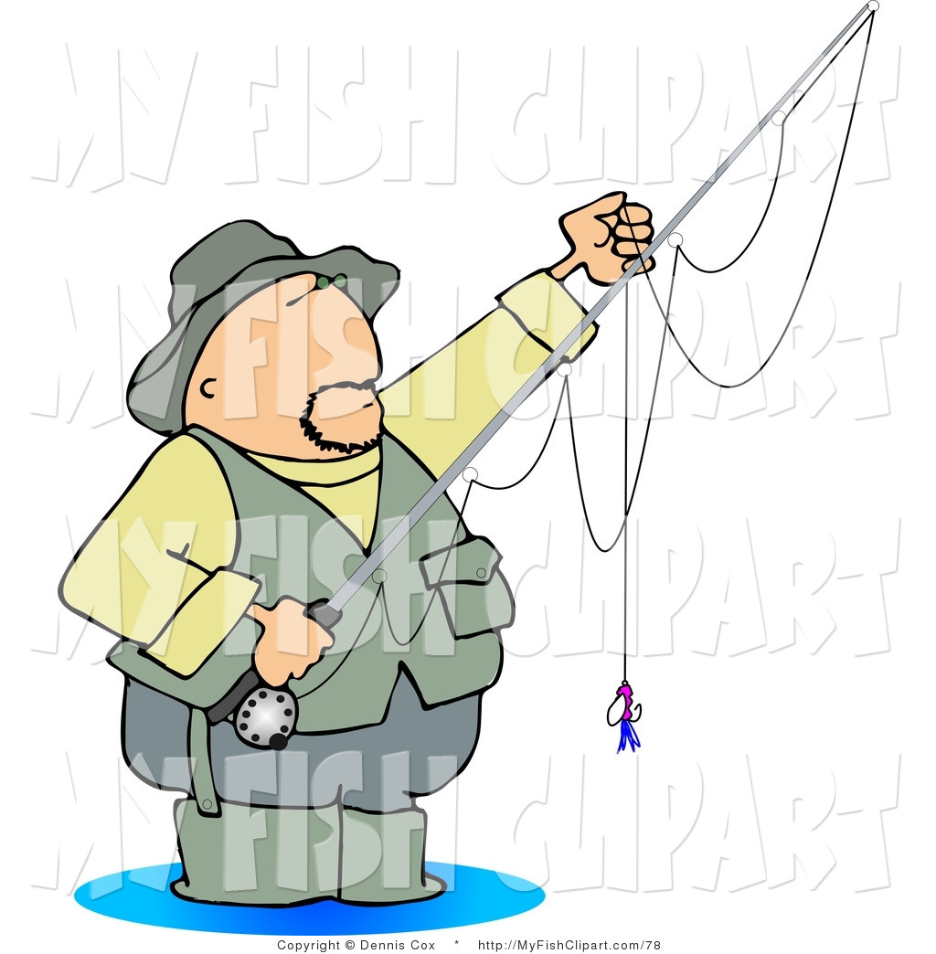 Clip Art Of A Fly Fisherman Standing In Water With A Baited Hook On A