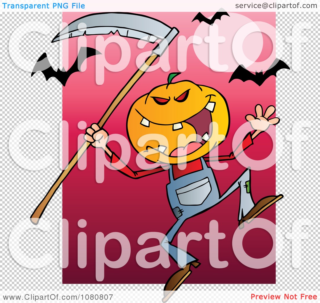 Clipart Halloween Pumpkin Head Jack With A Scythe And Bats Over Pink