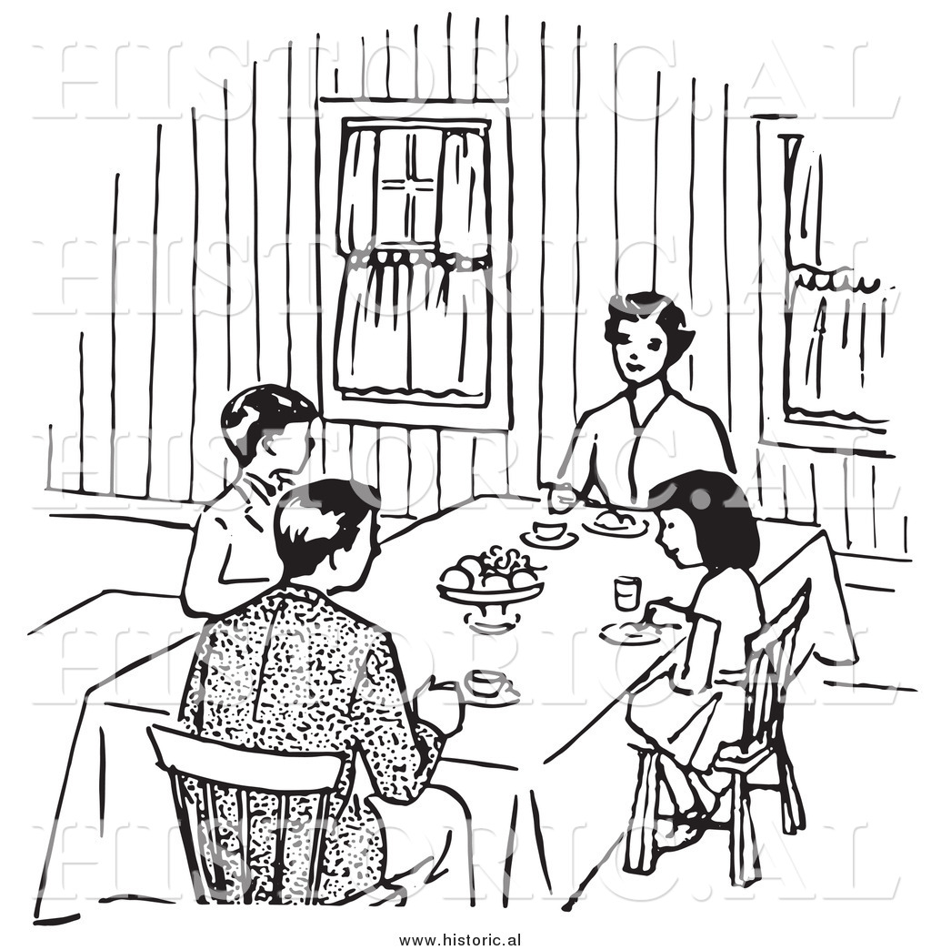 Clipart Of A Family Eating At Dinner Table   Black And White Retro