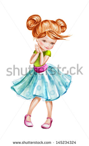 Cute Beautiful Shy Little Girl Cartoon Character Watercolor Painting