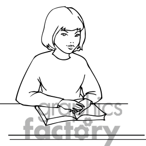 Free Black And White Outline Of Girl Sitting With A Book Open Clipart    