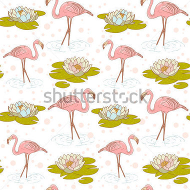 Pink Flamingo Standing In The Water With Water Lily Flower Seamless