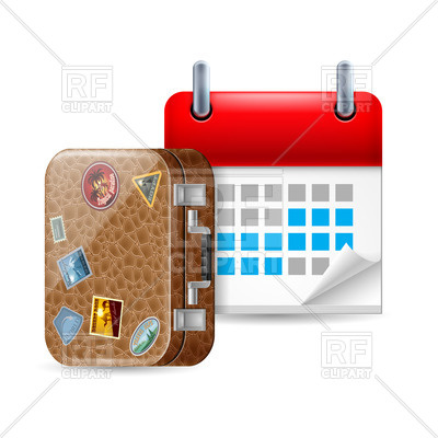 Vacation Icon With Calendar And Leather Suitcase With Stickers Vector