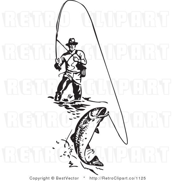 White Retro Vector Clip Art Of A Wading Fisherman Reeling In A Catch